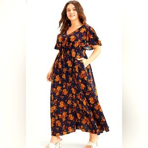 Bloom Dress -Floral Print V Neck Pocket Maxi Dress - 4X EUC Blue w/leaf print